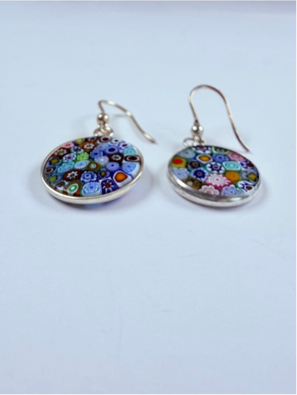 Venetian Murano Glass Millefiori 925 Sterling Silver Dangle Disc Earrings Italy - Picture 3 of 7